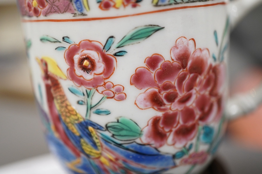 A near pair of Chinese famille rose ‘double pheasant’ coffee cups, early Qianlong period